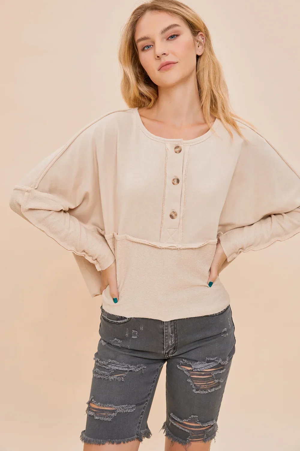 Boho Dreams Raw Edge Button Cream Oversized Sweatshirt Top