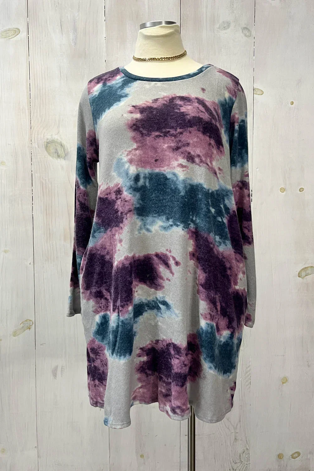 Plus Size Tie Dye Round Neck Long Sleeve Boutique Knit Tunic Dress