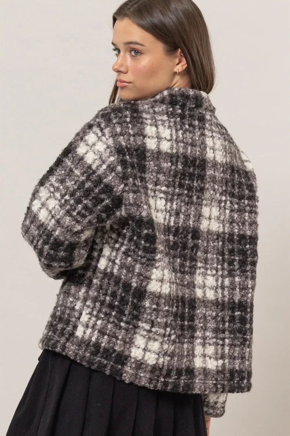 Plaid Collared Neck Front Button Side Pocket Boucle Jacket