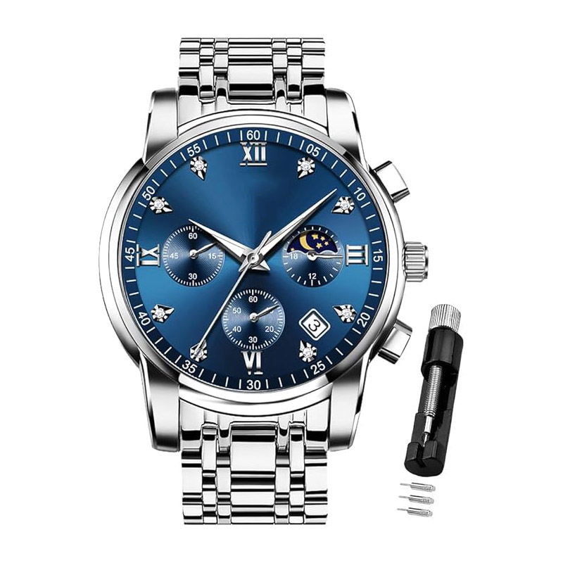 Men's watch, diamond-encrusted, business/formal style, quartz movement, stainless steel material, waterproof, luminous display, date display, two-tone strap, luxury casual wristwatch.