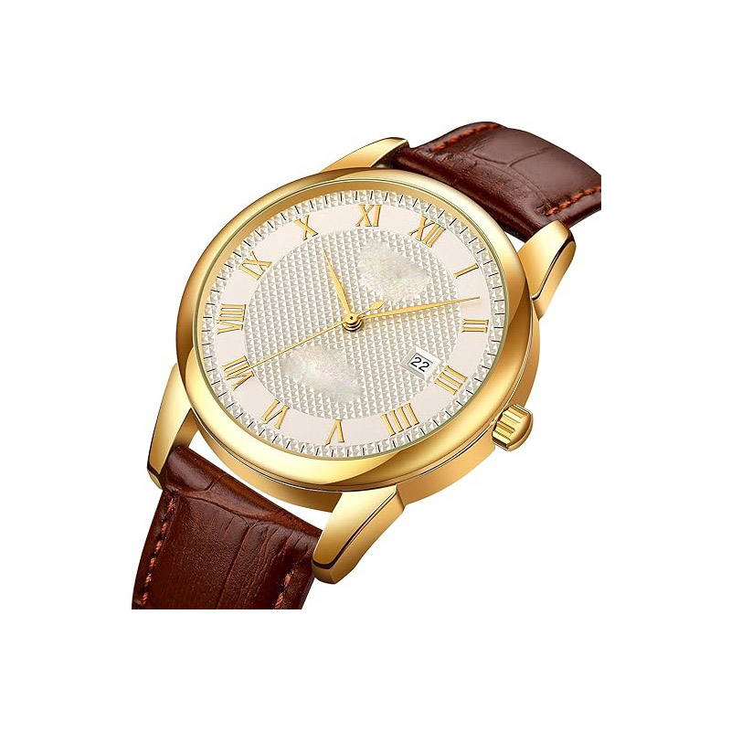 Men's and women's quartz watch, Roman numeral dial, business casual fashion analog wristwatch, classic date display, 30-meter water resistance, comfortable leather strap.