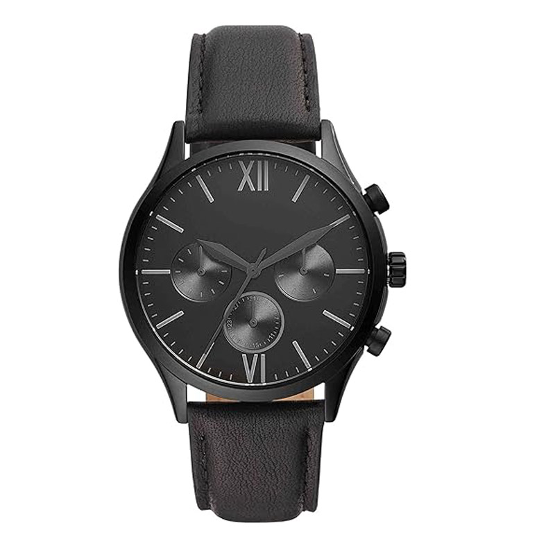 Men's multi-functional black leather watch