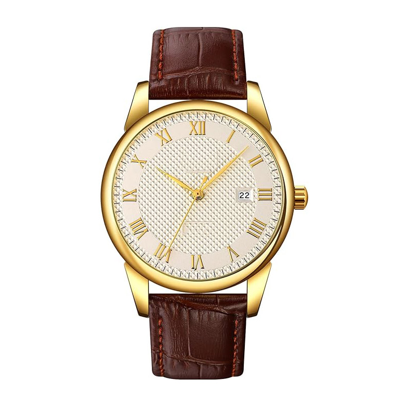 Men's and women's quartz watch, Roman numeral dial, business casual fashion analog wristwatch, classic date display, 30-meter water resistance, comfortable leather strap.