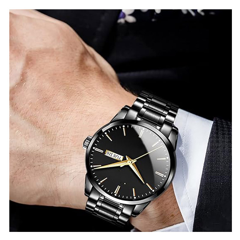 Men's watch, business dress style, diamond-set quartz movement, date display, luxurious classic stainless steel waterproof luminous two-tone wristwatch.