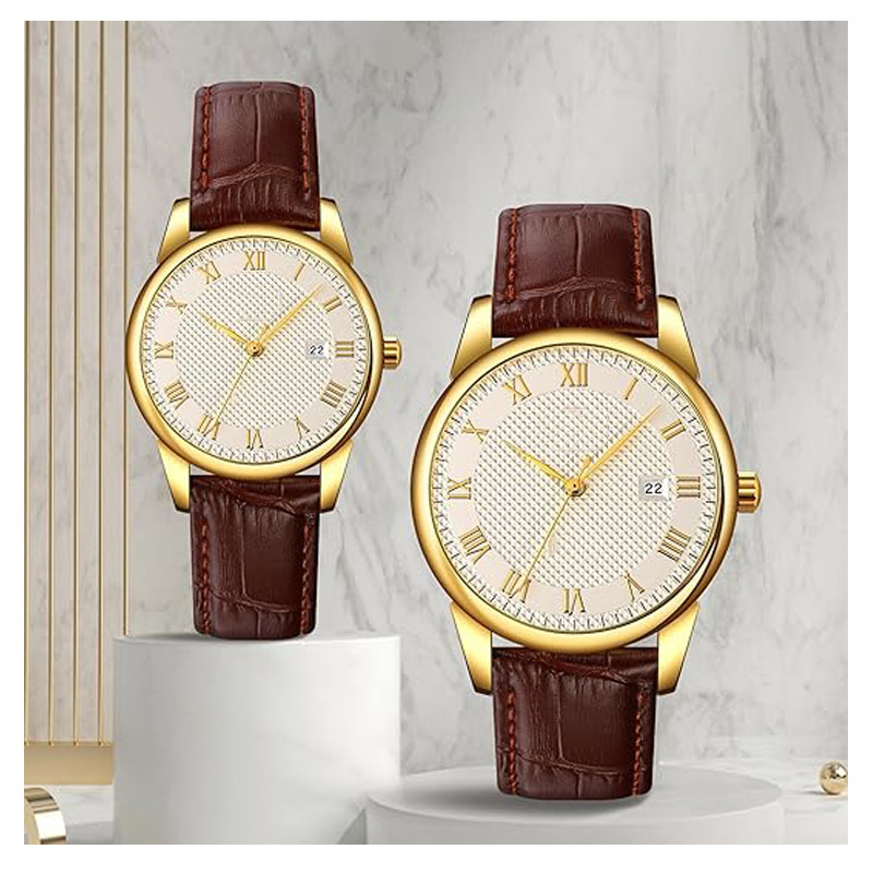 Men's and women's quartz watch, Roman numeral dial, business casual fashion analog wristwatch, classic date display, 30-meter water resistance, comfortable leather strap.