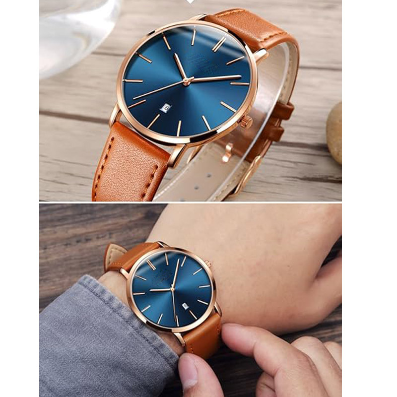 Men's watch, simple, ultra-thin, stylish and casual quartz wristwatch with date display, waterproof, slim and minimalist large dial dress watch, genuine leather strap, suitable for men.