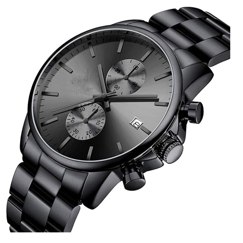 Stylish business men's watch, stainless steel waterproof quartz chronograph wristwatch with automatic date display.