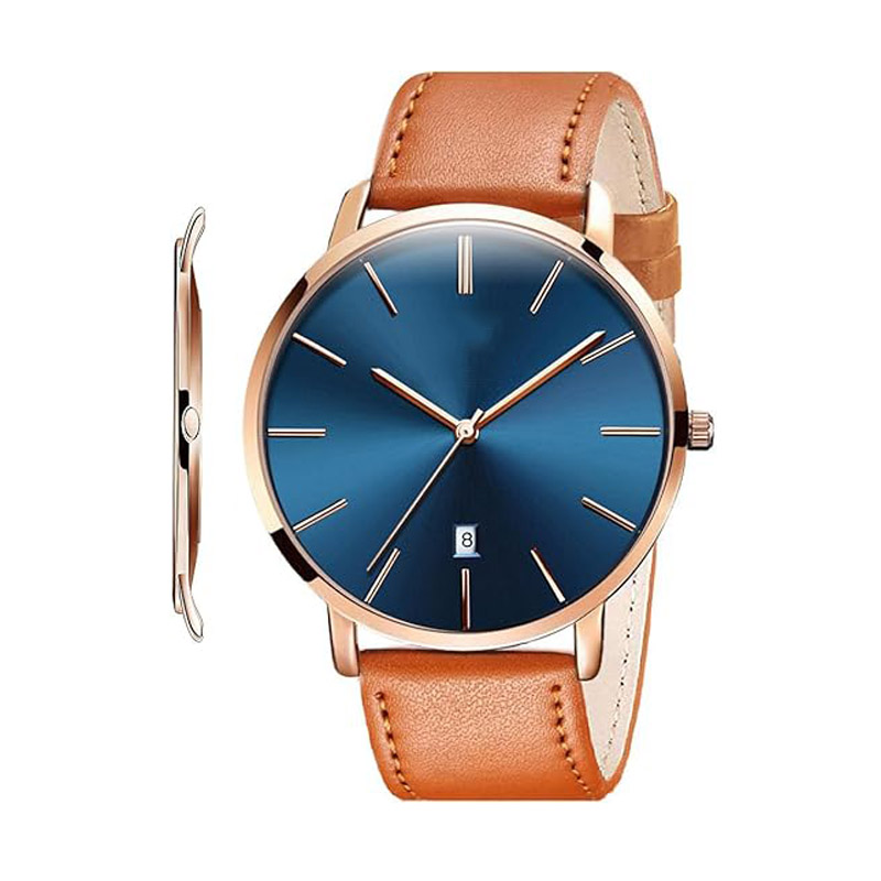Men's watch, simple, ultra-thin, stylish and casual quartz wristwatch with date display, waterproof, slim and minimalist large dial dress watch, genuine leather strap, suitable for men.