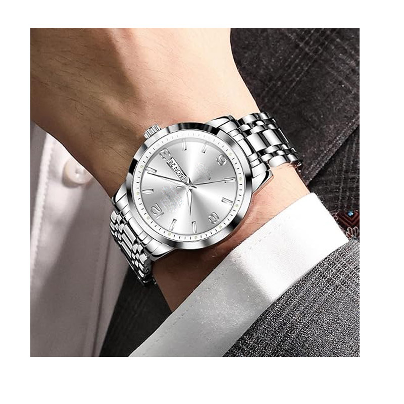 Stainless Steel Mens Watches with Day Date Analog Large Face Classic Watch Arabic Numerals Luminous Rlojes para Hombres Quartz Dress