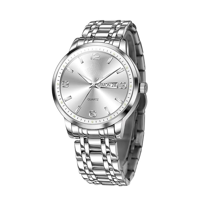 Stainless Steel Mens Watches with Day Date Analog Large Face Classic Watch Arabic Numerals Luminous Rlojes para Hombres Quartz Dress