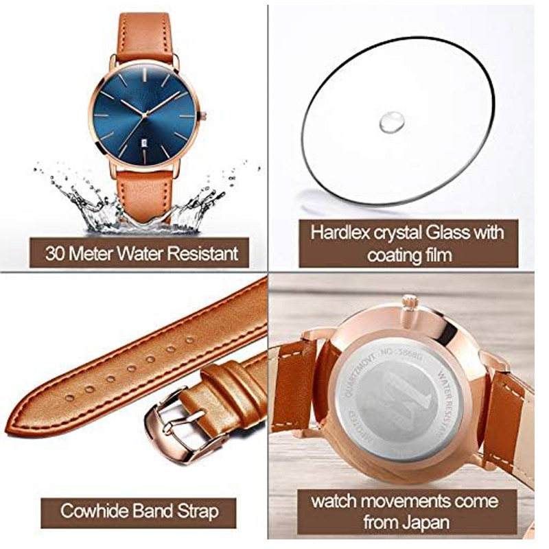 Men's watch, simple, ultra-thin, stylish and casual quartz wristwatch with date display, waterproof, slim and minimalist large dial dress watch, genuine leather strap, suitable for men.