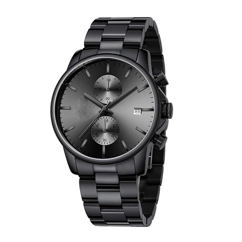 Stylish business men's watch, stainless steel waterproof quartz chronograph wristwatch with automatic date display.