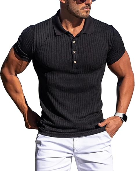 Collared Muscle Polo Shirts Men Slim Fit Textured Knit Polo Shirts Short Sleeve Button Down Shirts Casual Stylish