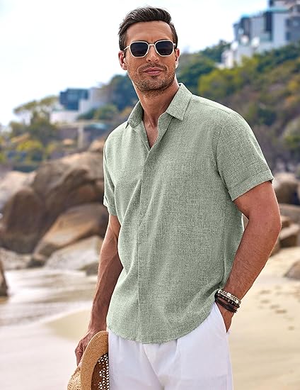 Men's Linen Shirts Short Sleeve Casual Shirts Button Down Shirt for Men Beach Summer Wedding Shirt