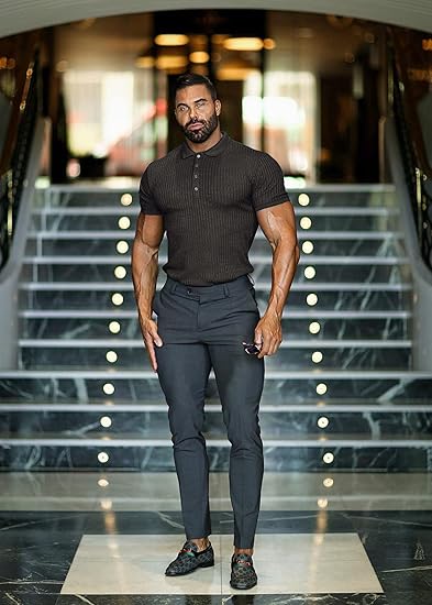 Collared Muscle Polo Shirts Men Slim Fit Textured Knit Polo Shirts Short Sleeve Button Down Shirts Casual Stylish