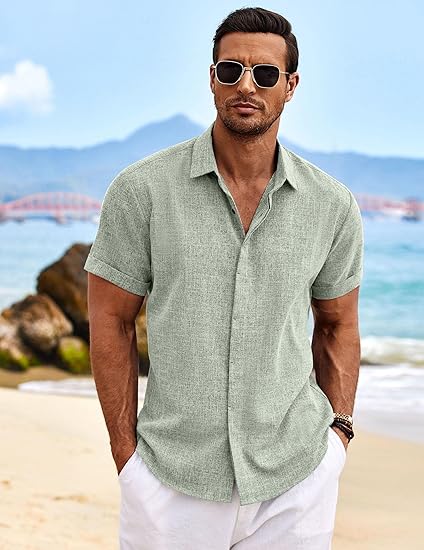 Men's Linen Shirts Short Sleeve Casual Shirts Button Down Shirt for Men Beach Summer Wedding Shirt