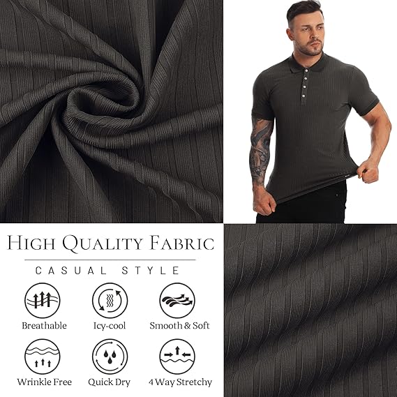 Collared Muscle Polo Shirts Men Slim Fit Textured Knit Polo Shirts Short Sleeve Button Down Shirts Casual Stylish