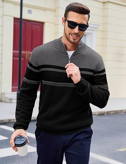 Men's 1/4 Zipper Cotton Pullover Polo Shirt Striped Autumn/Winter Warm Sweatshirt