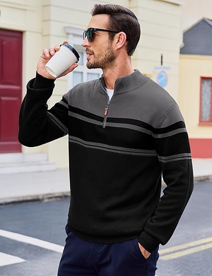 Men's 1/4 Zipper Cotton Pullover Polo Shirt Striped Autumn/Winter Warm Sweatshirt