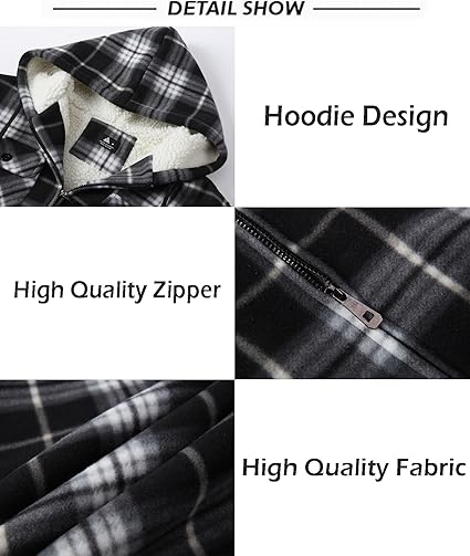 Men's flannel shirt jacket, plaid coat with lamb's wool lining, full-zip hoodie, winter outerwear