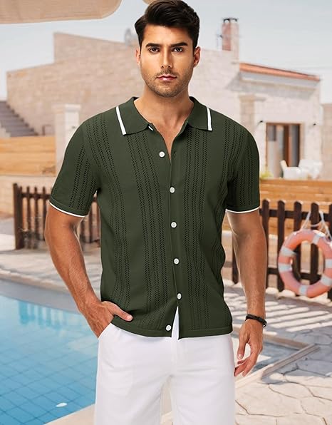 Men's button-down polo shirt, casual short-sleeved knitwear, summer vacation beachwear.
