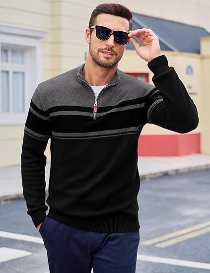 Men's 1/4 Zipper Cotton Pullover Polo Shirt Striped Autumn/Winter Warm Sweatshirt