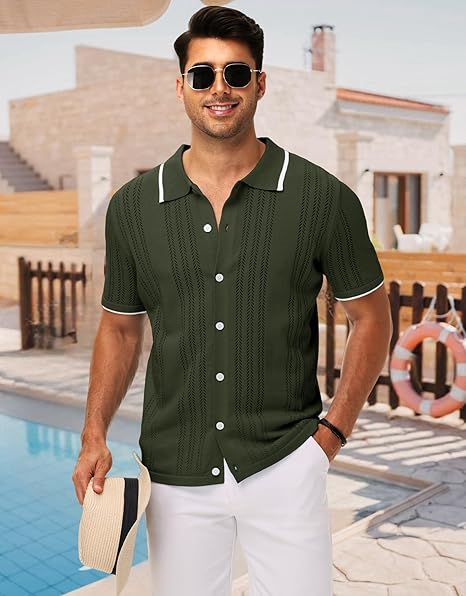 Men's button-down polo shirt, casual short-sleeved knitwear, summer vacation beachwear.