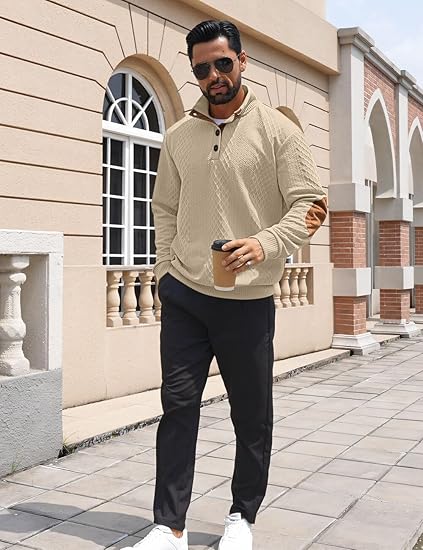 Men's Casual Sweatshirt Pullover Sweater Casual Long Sleeve Stand Collar Quarter Button Sweaters