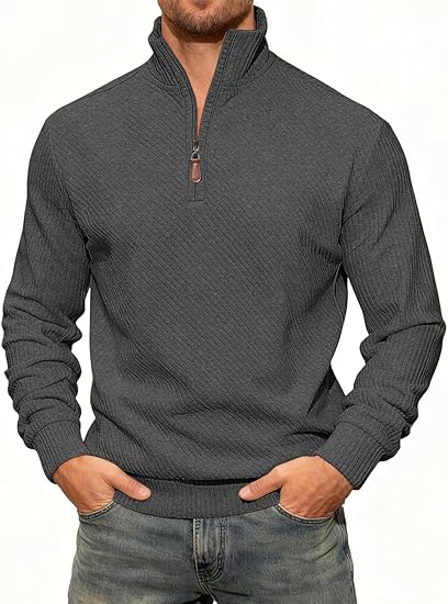 Mens Sweatshirt Pullover Quarter Zipper Sweater Casual Long Sleeve Stand Collar Sweaters