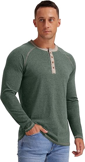 Men's Henley Collar Long/Short Sleeve T-Shirt, Pure Cotton Casual Shirt