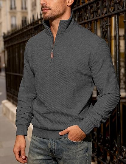 Mens Sweatshirt Pullover Quarter Zipper Sweater Casual Long Sleeve Stand Collar Sweaters