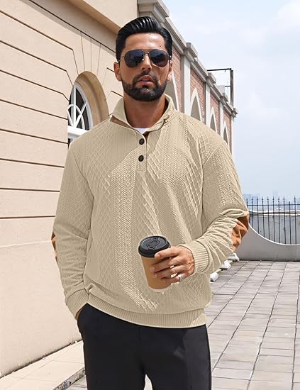 Men's Casual Sweatshirt Pullover Sweater Casual Long Sleeve Stand Collar Quarter Button Sweaters