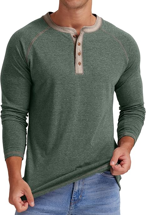 Men's Henley Collar Long/Short Sleeve T-Shirt, Pure Cotton Casual Shirt