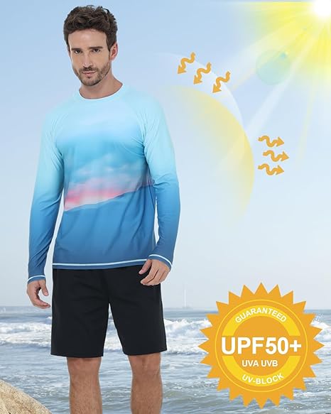 Men's UPF 50+ Sun Protection Swim Shirt, Quick-Drying Long-Sleeve T-shirt, Loose Fit, suitable for water sports, fishing, and other outdoor activities, effectively protects against UV rays.