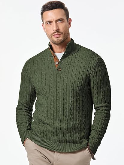 Men's cable knit pullover sweater, casual long-sleeved stand collar button-down knit sweater
