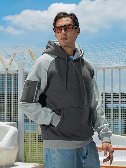 Mens Hoodies Pullover Color Block Long Sleeve Fleece Hooded Sweatshirt