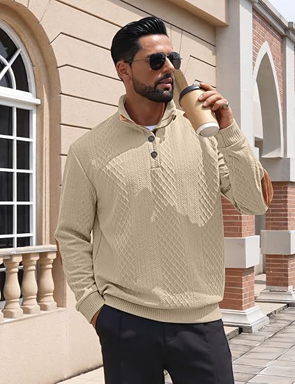 Men's Casual Sweatshirt Pullover Sweater Casual Long Sleeve Stand Collar Quarter Button Sweaters