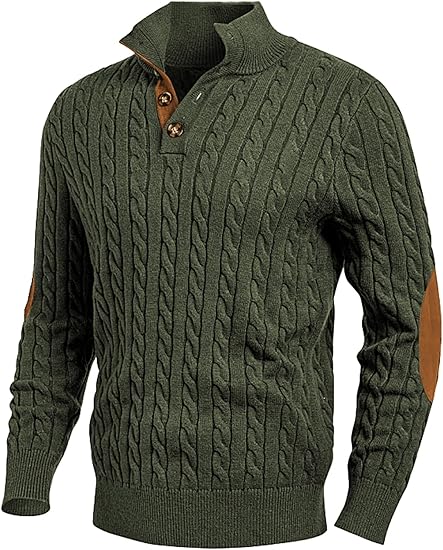 Men's cable knit pullover sweater, casual long-sleeved stand collar button-down knit sweater