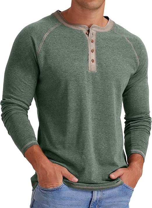 Men's Henley Collar Long/Short Sleeve T-Shirt, Pure Cotton Casual Shirt