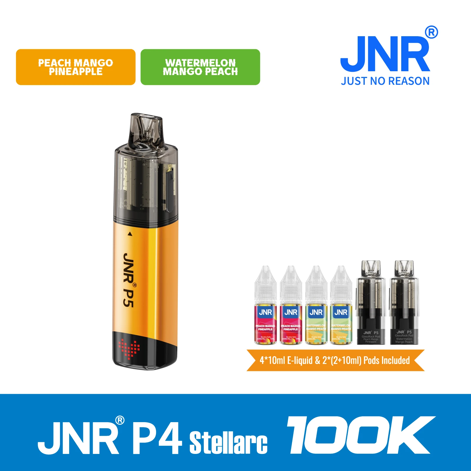 Peach Mango Pineapple | JNR Vape P5 GlassRock 100K Puffs Kit - Refillable & Replaceable Pod Vape