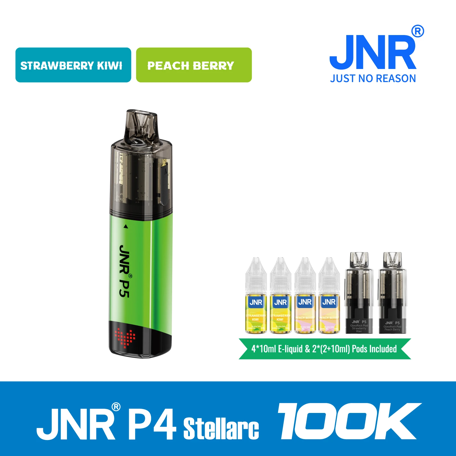 Strawberry Kiwi | JNR Vape P5 GlassRock 100K Puffs Kit - Refillable & Replaceable Pod Vape