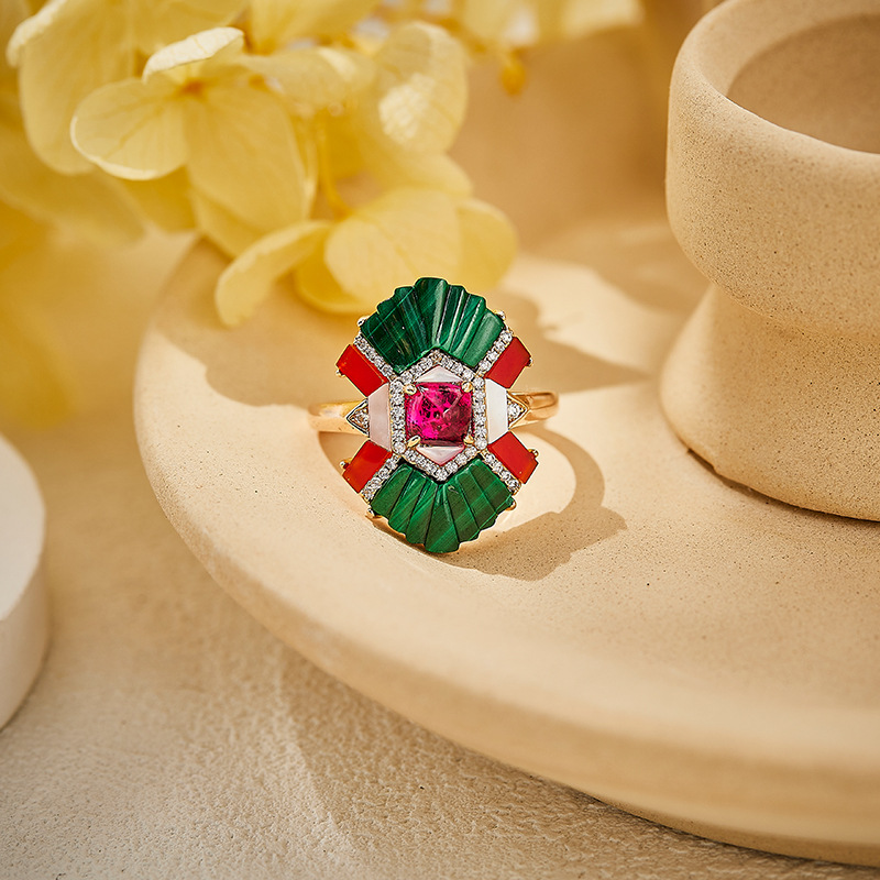 Gold-Plated Tri-Color Malachite Fan Ring – Bold Sugar Tower Design