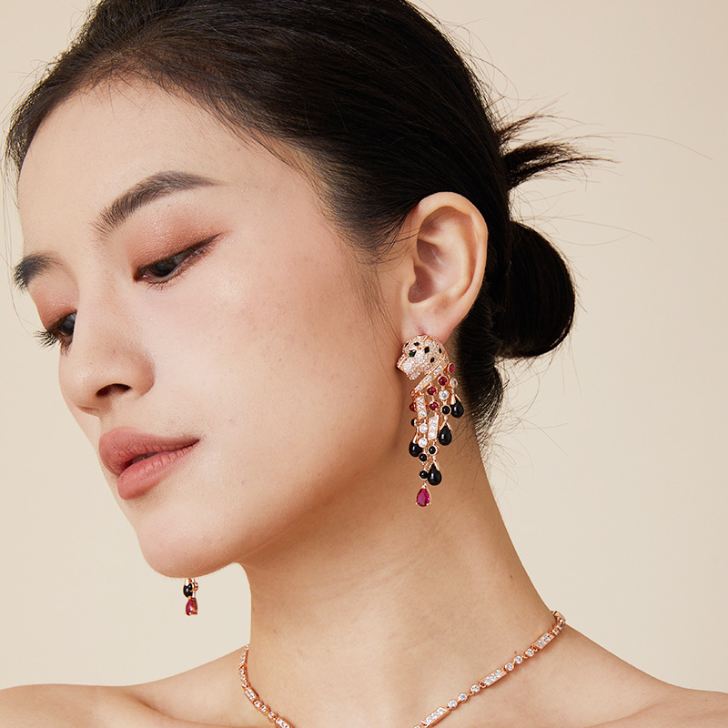 Gold-Plated Black Flower Tassel Earrings – Burnt Green & Leopard Chic