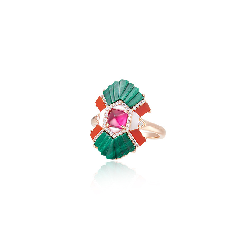 Gold-Plated Tri-Color Malachite Fan Ring – Bold Sugar Tower Design