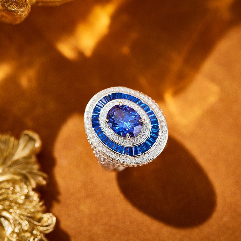 Gold-Plated Simulated Tanzanite Pigeon Egg Ring – Luxe Royal Glamour