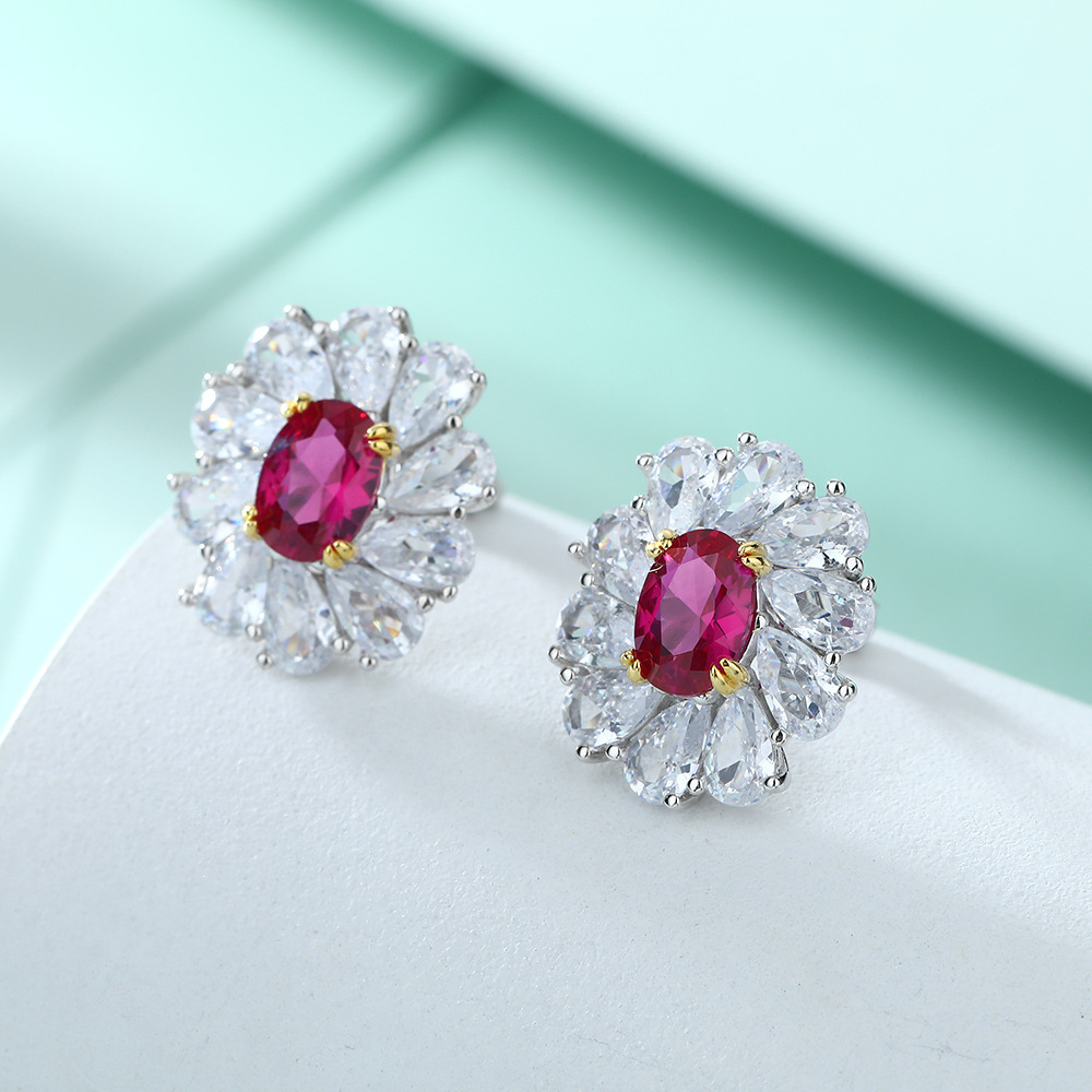 S925 Silver Small Daisy Flower Ruby Earrings for Women – Vintage Floral Stud Jewelry