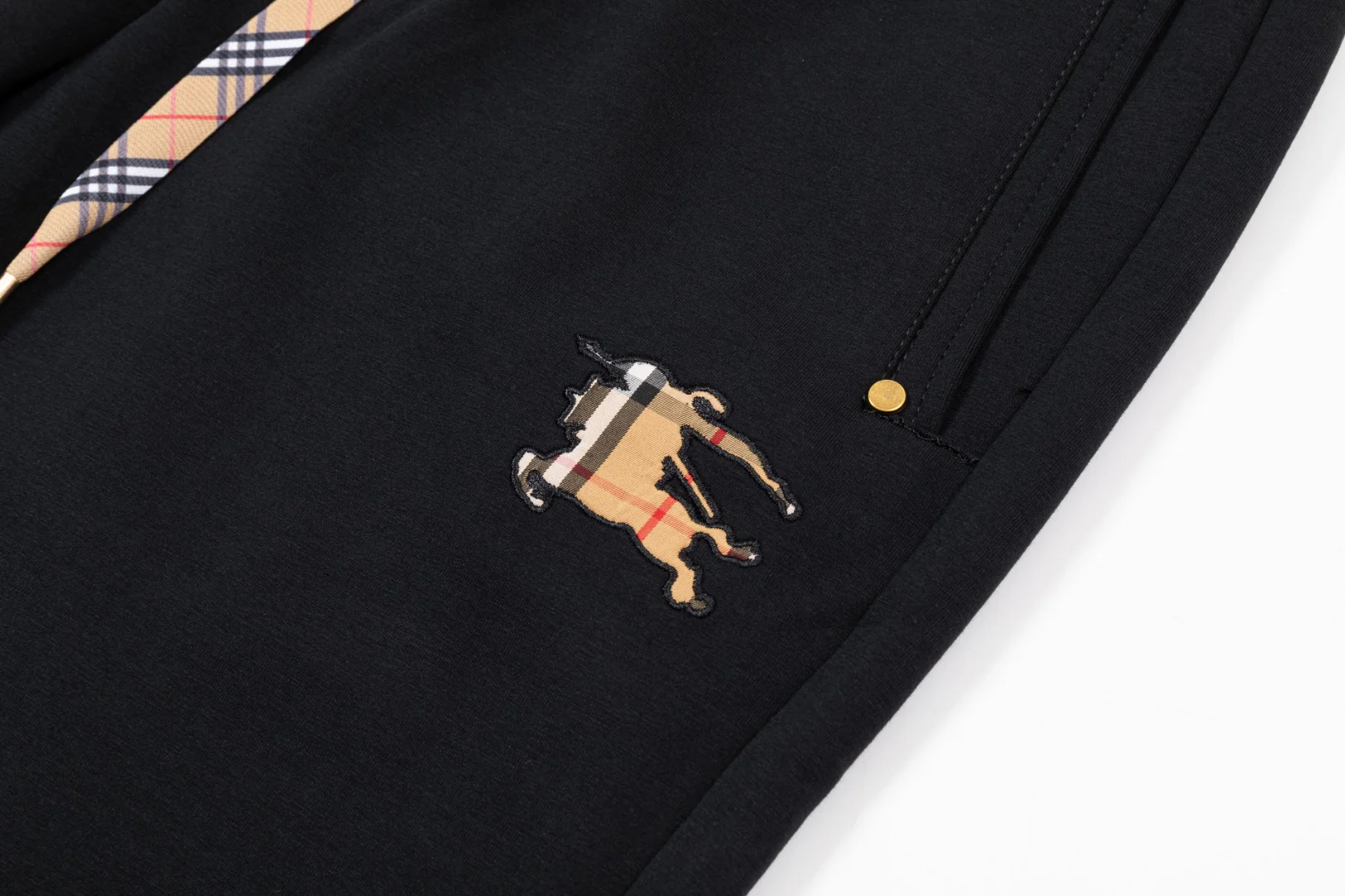 Embroidery plaid cotton drawstring trousers