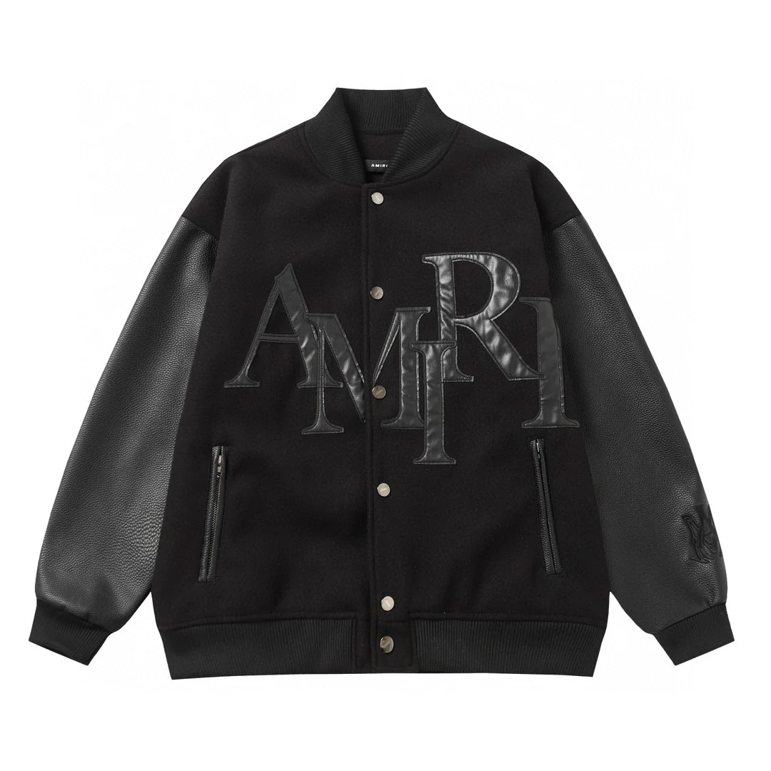 Embroidered leather baseball jacket