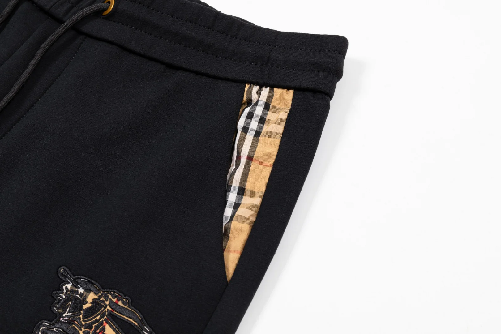 Check embroidered cotton drawstring trousers