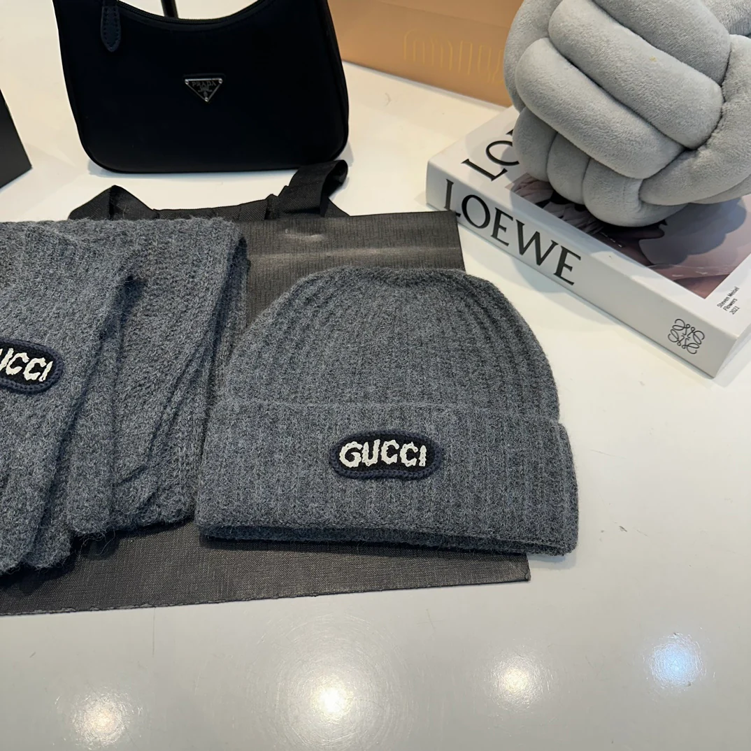 Embroidered knitted scarf hat gloves set